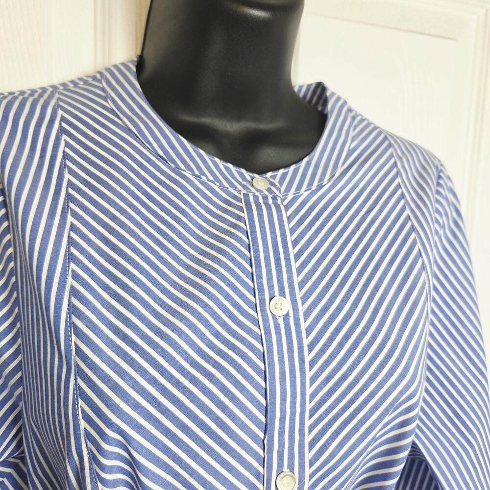 J Mclaughlin Striped Shirt Dress Medium Blue Midi Bow Belt Pockets Nautical - Picture 6 of 11
